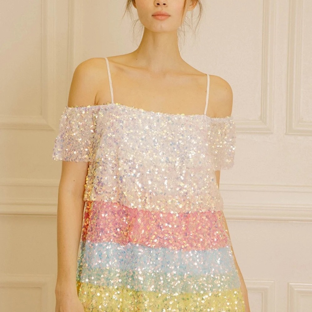 Multi Colored Sequin Ruffle Off-The-Shoulder Mini Dress Size L/8